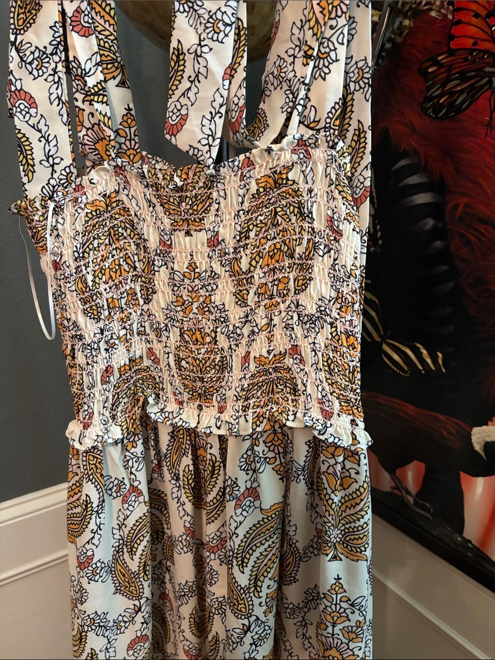 Max Studio White Maxi Smocked Dress with Gold and Brown Paisley Print - M